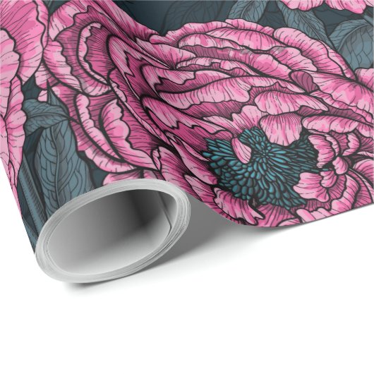 Peonies en draden op donkergrijs cadeaupapier (Rol Hoek)