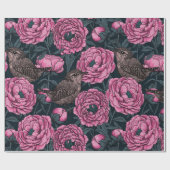 Peonies en draden op donkergrijs cadeaupapier (Vlak)