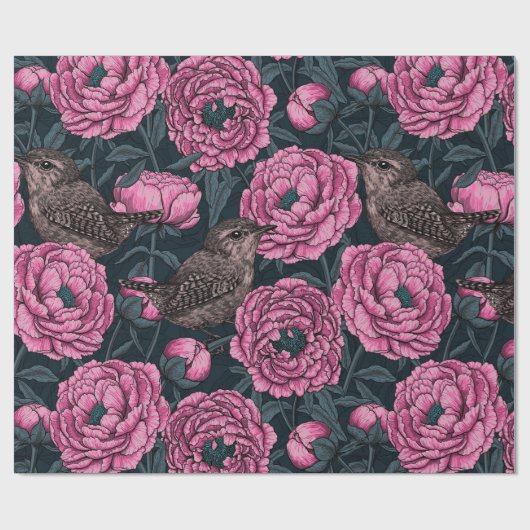 Peonies en draden op donkergrijs cadeaupapier (Vlak)