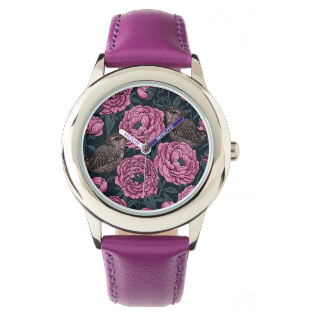 Peonies en draden op donkergrijs horloge (Voorkant)