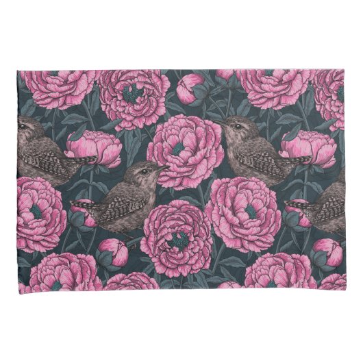 Peonies en draden op donkergrijs kussensloop (Voorkant-Rechts)