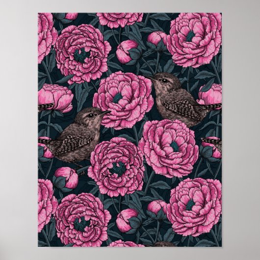 Peonies en draden op donkergrijs poster (Voorkant)