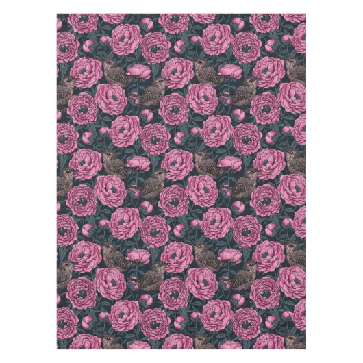 Peonies en draden op donkergrijs tafelkleed (Voorkant)