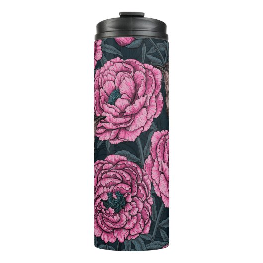 Peonies en draden op donkergrijs thermosbeker (Voorkant)