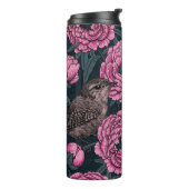Peonies en draden op donkergrijs thermosbeker (Gedraaid links)