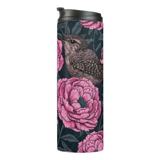 Peonies en draden op donkergrijs thermosbeker (Geroteerd rechts)