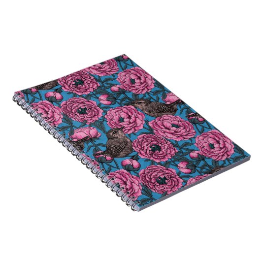 Peonies en kippen op blauw notitieboek (Rechterzijde)