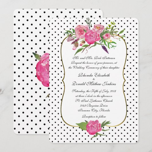 Peonies en Polka Dots Wedding Invitation Kaart (Voorkant / Achterkant)