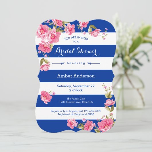 Peonies en Stripes Bridal Shower Invitation Kaart (Staand voorkant)