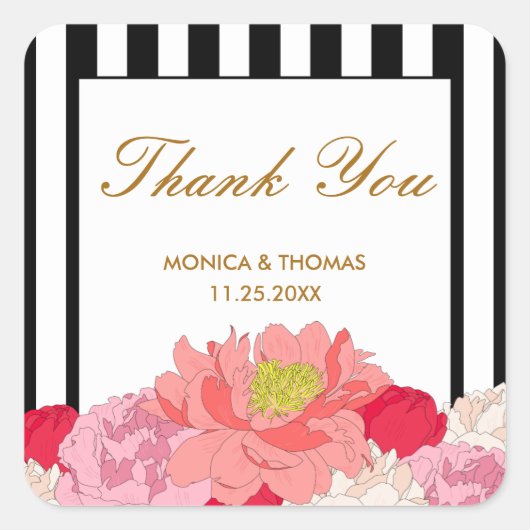 Peonies en Stripes Vierkante Sticker (Voorkant)
