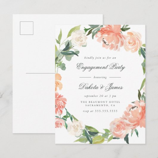 Peonies & Eucalyptus Greenery Engagement Party Uitnodiging Briefkaart (Voorkant / Achterkant)