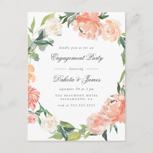 Peonies & Eucalyptus Greenery Engagement Party Uitnodiging Briefkaart (Voorkant)