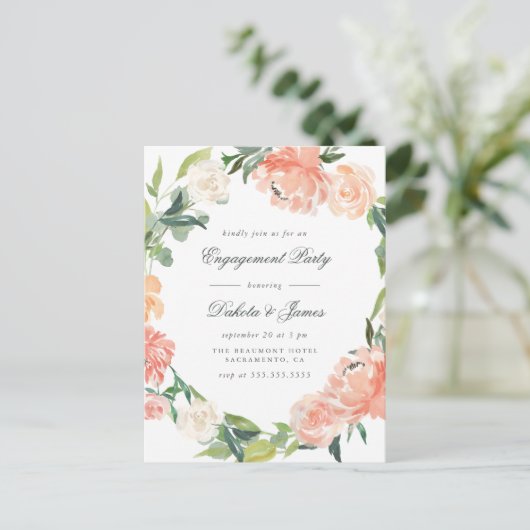Peonies & Eucalyptus Greenery Engagement Party Uitnodiging Briefkaart (Staand voorkant)