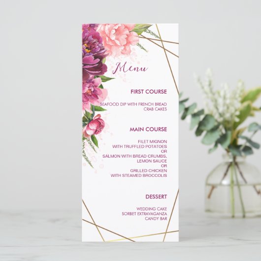 Peonies Faux Gold Foil Lijst Rustige bruiloft Menu (Staand voorkant)