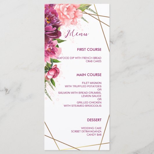 Peonies Faux Gold Foil Lijst Rustige bruiloft Menu (Voorkant)