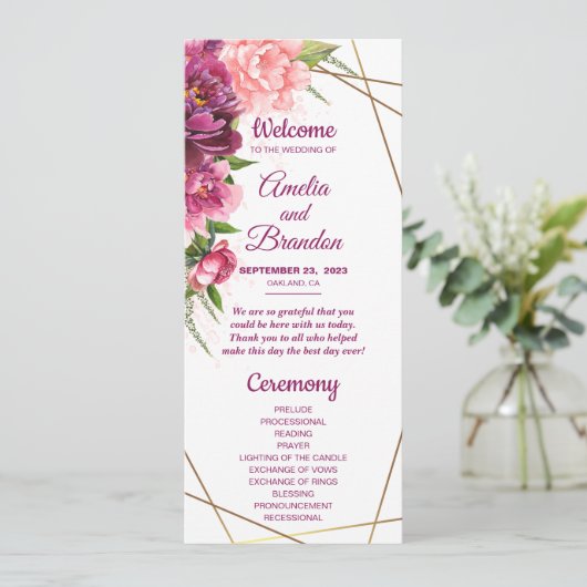 Peonies Faux Gold Foil Rustic Wedding Programme (Staand voorkant)