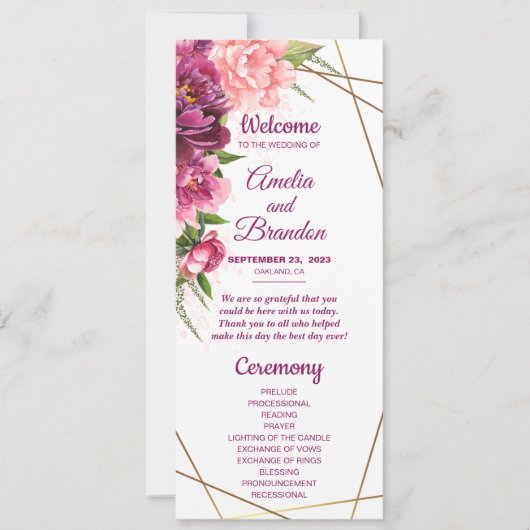 Peonies Faux Gold Foil Rustic Wedding Programme (Voorkant)