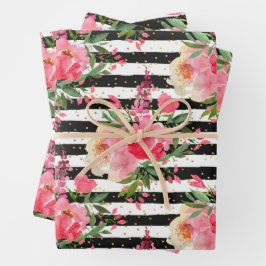 Peonies Floral Black White Stripes Inpakpapier Vel