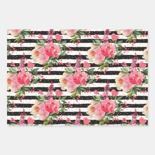 Peonies Floral Black White Stripes Inpakpapier Vel (Voorkant)