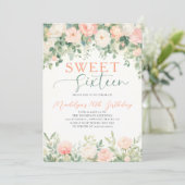 Peonies Floral Peach Pink Script Elegant Sweet 16 Kaart (Staand voorkant)