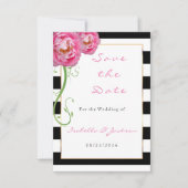 Peonies Flowers op Black and White Stripes Save The Date (Voorkant)