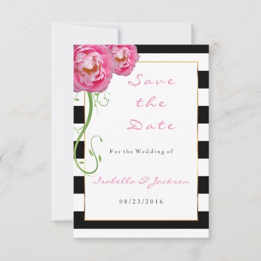 Peonies Flowers op Black and White Stripes Save The Date (Voorkant)