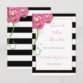 Peonies Flowers op Black and White Stripes Save The Date (Voorkant / Achterkant)