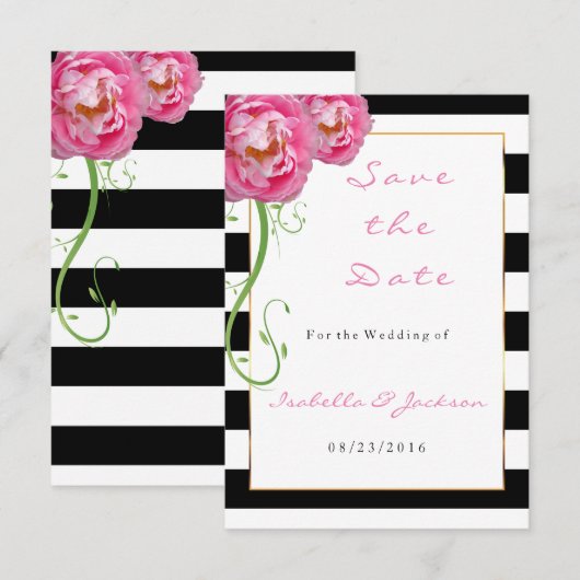 Peonies Flowers op Black and White Stripes Save The Date (Voorkant / Achterkant)