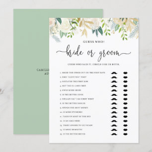 Peonies Gold Glitter Bride of Groom Shower Game Kaart