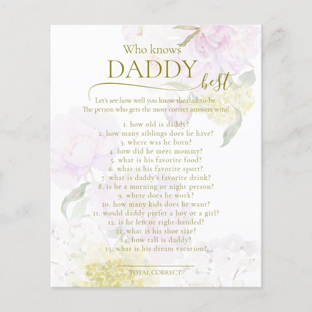 Peonies Hydrangea Baby shower spel Daddy Best (Voorkant)