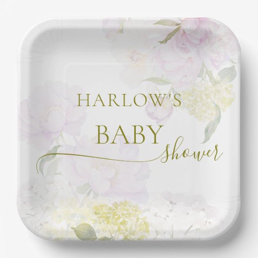 Peonies Hydrangea Pastel Waterverf Baby shower Papieren Bordje (Voorkant)