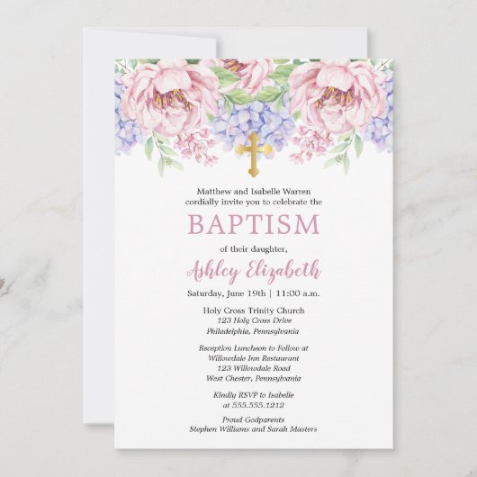 Peonies | Hydrangeas Waterverf Floral Baptisme Kaart (Voorkant)