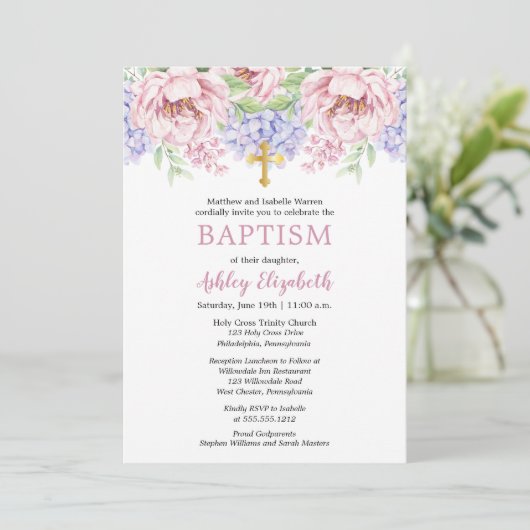 Peonies | Hydrangeas Waterverf Floral Baptisme Kaart (Staand voorkant)