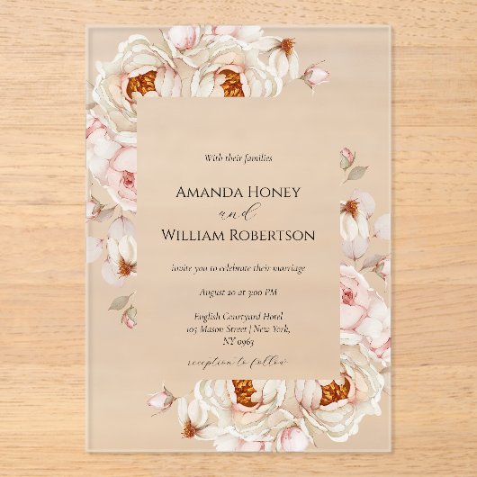 Peonies in Bloom Acrylic Wedding Invitation Acryl Uitnodigingen (Voorkant)