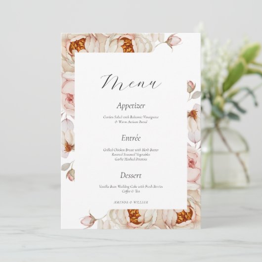 Peonies in Bloom Wedding Menu Card Kaart (Staand voorkant)