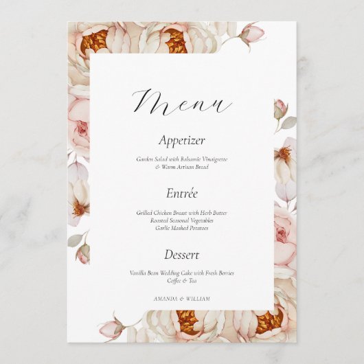 Peonies in Bloom Wedding Menu Card Kaart (Voorkant)