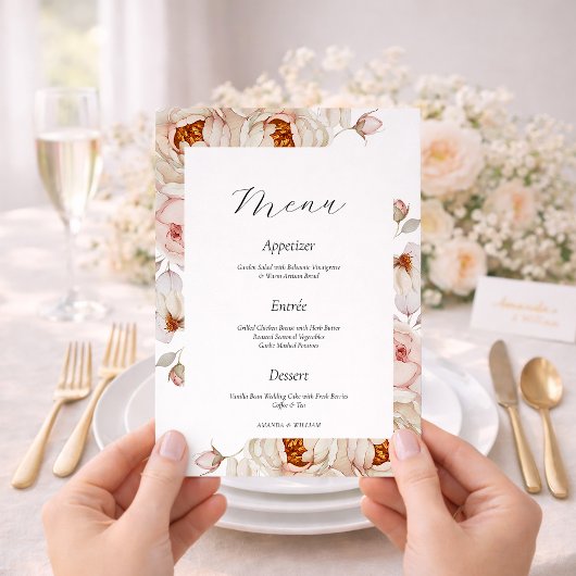 Peonies in Bloom Wedding Menu Card Kaart