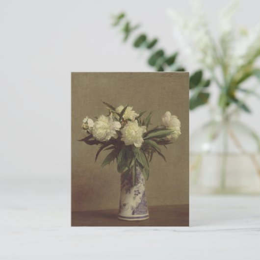 Peonies in een blauwe en witte fase briefkaart (Staand voorkant)