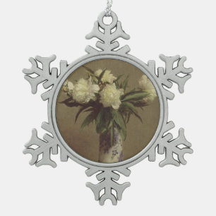 Peonies in een blauwe en witte fase tin sneeuwvlok ornament