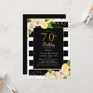 Peonies Lemons 70 Birthday Party Invitation Black Kaart