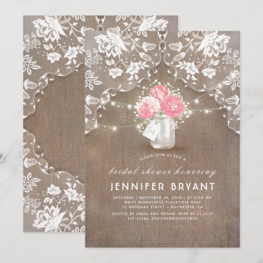 Peonies Mason Jar Lace en Burlap Vrijgezellenfeest Kaart (Voorkant / Achterkant)