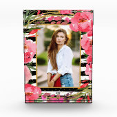 Peonies op zwarte witte stripes Gold-Stippen - Aan Fotoblokken (Voorkant)