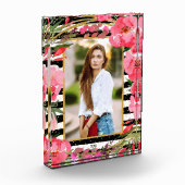 Peonies op zwarte witte stripes Gold-Stippen - Aan Fotoblokken (Links)