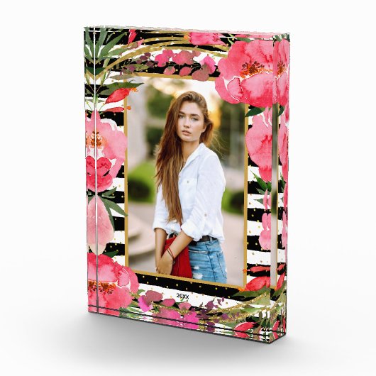 Peonies op zwarte witte stripes Gold-Stippen - Aan Fotoblokken (Rechts)