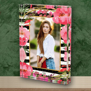 Peonies op zwarte witte stripes Gold-Stippen - Aan Fotoblokken