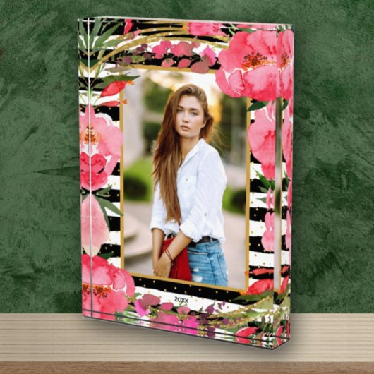 Peonies op zwarte witte stripes Gold-Stippen - Aan Fotoblokken