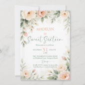 Peonies Peach Pink Elegant Script Floral Sweet 16 Kaart (Voorkant)