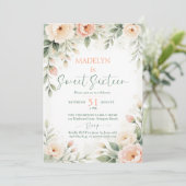 Peonies Peach Pink Elegant Script Floral Sweet 16 Kaart (Staand voorkant)