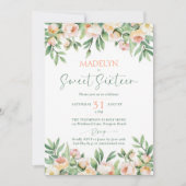 Peonies Peach Pink Script Elegant Floral Sweet 16 Kaart (Voorkant)