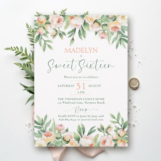 Peonies Peach Pink Script Elegant Floral Sweet 16 Kaart